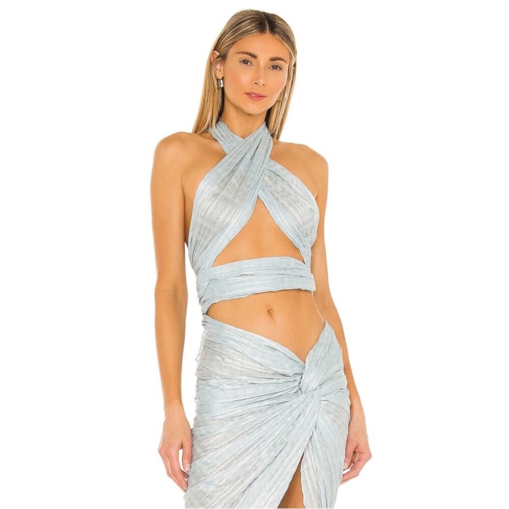 Bronx and Banco Cleo Crop Top Wrap Textured Metallic Thread Sky Blue Size XS